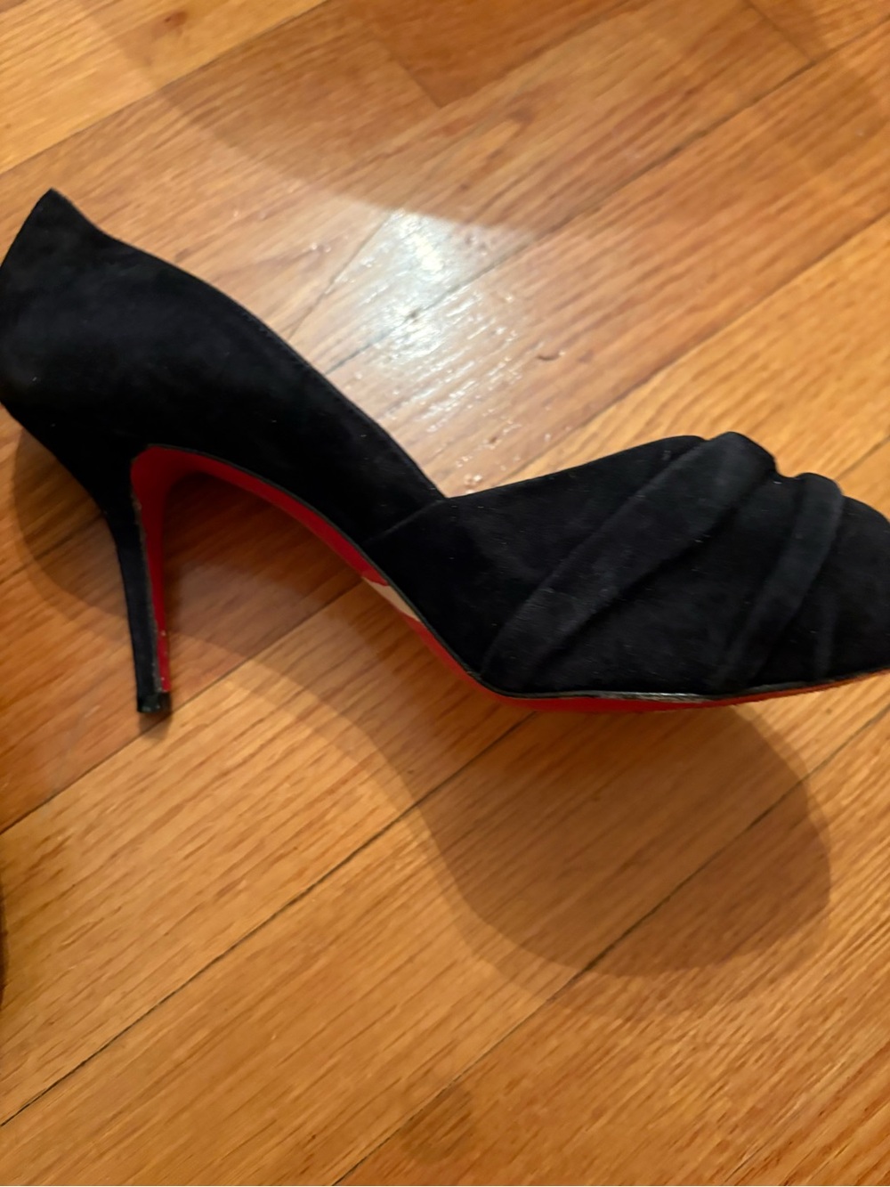Christian Louboutin Black Suede Peep-Toe Heels with Ruched Detail - Picture 2 of 3